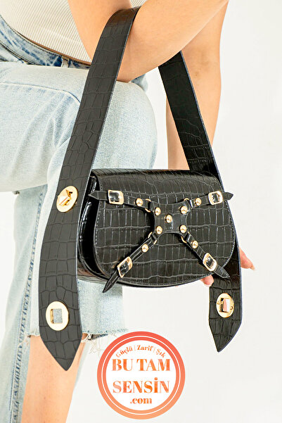 Bu Tam Sensin Siyah Kroko Desenli Kadın Çift Kademeli Özel Kilit Askı Sistemli Manc Model Baget Omuz Çantası