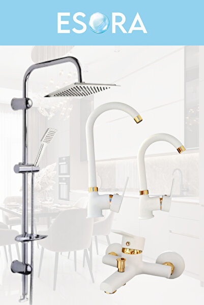 ESORA Krom Dubai Robot Duş Seti , Beyaz Gold Delta Eviye , Lavabo , Banyo Bat...