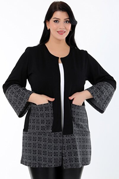 Kheos Spanish Wide Sleeve Plaid Double Color Block Collarless Cardigan with Pockets