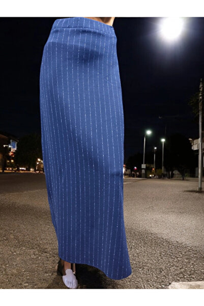 modayiğit Likralı çizgili uzun yırtmaçlı etek