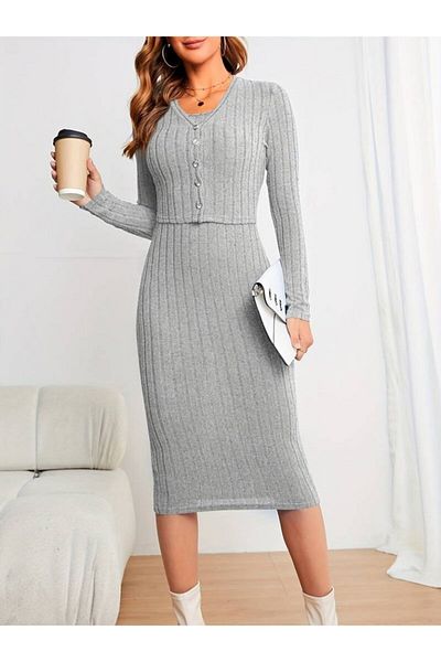 Moka Shopin Mokashopin Women's Long Sleeve Raster Camisole Button-Down Mini Length Dress Double Suit
