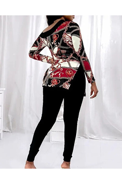 Moka Shopin Mokashopin Women's Long Sleeve Chain Pattern One Shoulder Low Micro Blouse