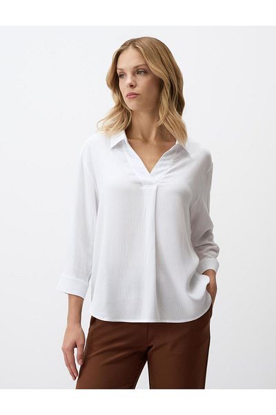 Jimmy Key White V Neck Relaxed Fit Long Sleeve Woven Blouse