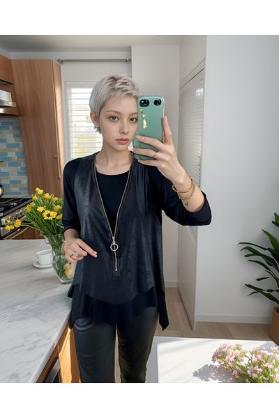 Modayakamoz Bluză de damă cu mânecă lungă, cu croială asimetrică, din viscoză și cu aspect de piele crapată, cu fermoar