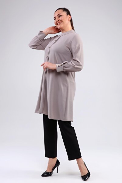 Ferace Γκρι γυναικείο τουνίκ με μεγάλο μέγεθος με κουμπιά ύφασμα Ayrobin υψηλής ποιότητας - Εποχιακό - Χειμώνας