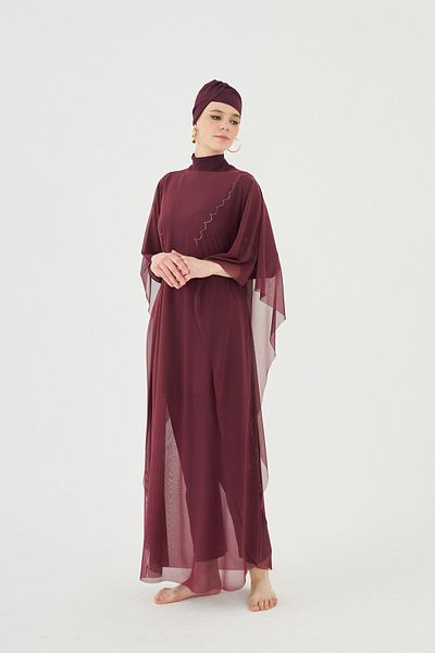 Remsa Mayo Costum de baie Hijab Roșu Claret - Pareo un singur caftan cu model RP002
