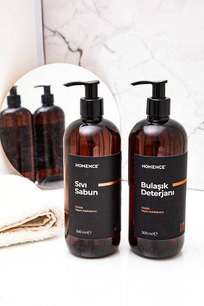 homence Plastic Bottle Kitchen Set with Dish Detergent and Liquid Soap Label 2-Piece Amber Soap Dispenser 500 ml