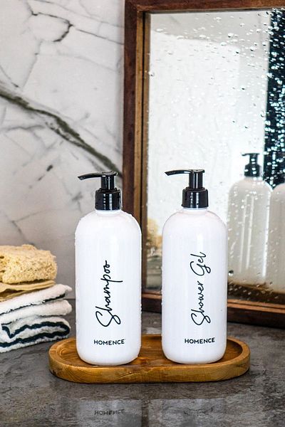 homence 2-Piece Bathroom Set with White Soap Dispenser - Shampoo, Shower Gel Printed Plastic Bottle