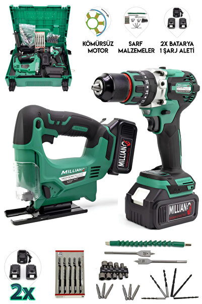 Millian Profesyonel Çift Akülü Şarjlı Kömürsüz Akülü Darbeli Matkap Vidalama ve Akülü Dekupaj Testere