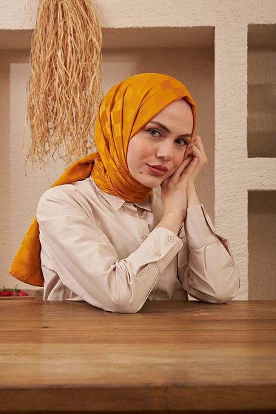 İpekhan Silk Jacquard Series Checkers με μοτίβο μουστάρδας ζακάρ σάλι 9007-21