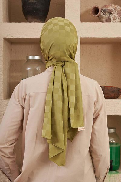 İpekhan Σειρά Silk Jacquard Σχέδιο σκακιέρας Φιστίκι Πράσινο Ζακάρ Σάλι 9007-25