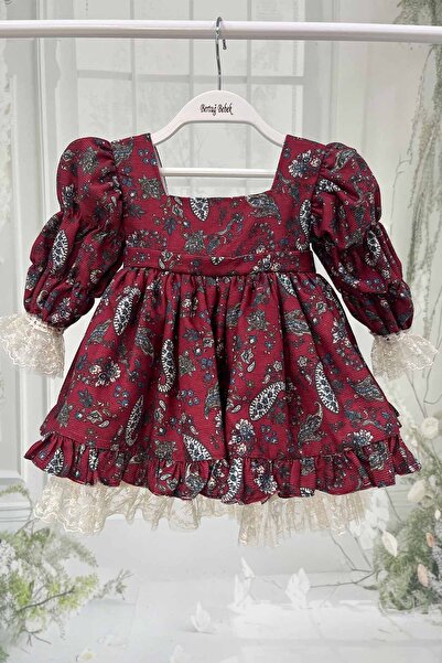 Bertuğ Bebek Şal Desenli Dantelli Kadife Kız Çocuk Bebek Abiye Tasarım Fitilli Bordo Elbise