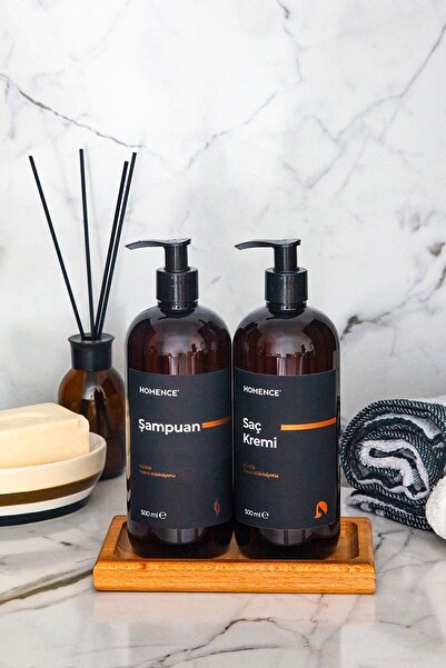 homence 2'li Şampuan Saç Kremi Etiketli Plastik Şişe Banyo Seti Amber Sabunluk 500 ml
