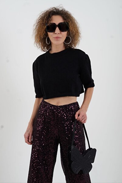 Zelish My Sister Μαύρο κοντό πουλόβερ με μισό μανίκι