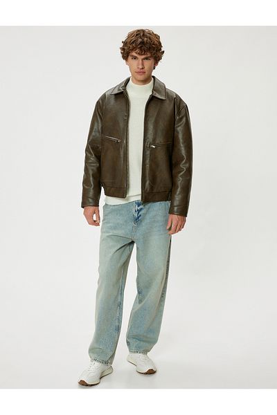 Koton Cotton Blended Faux Leather Slim Fit Shirt Collar Jacket