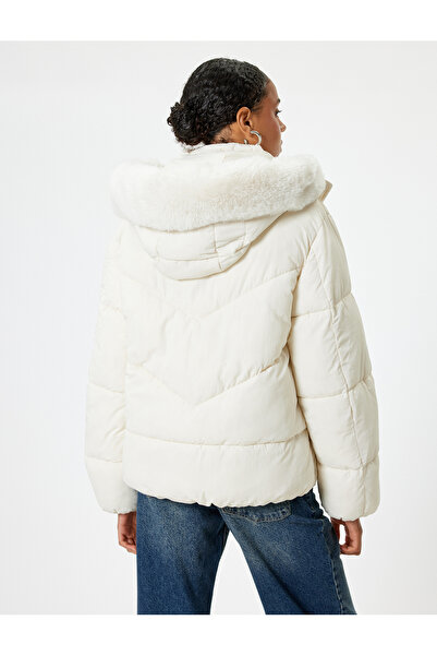 Koton Quilted Coat Hooded Zippered Collar with Faux Fur Pockets