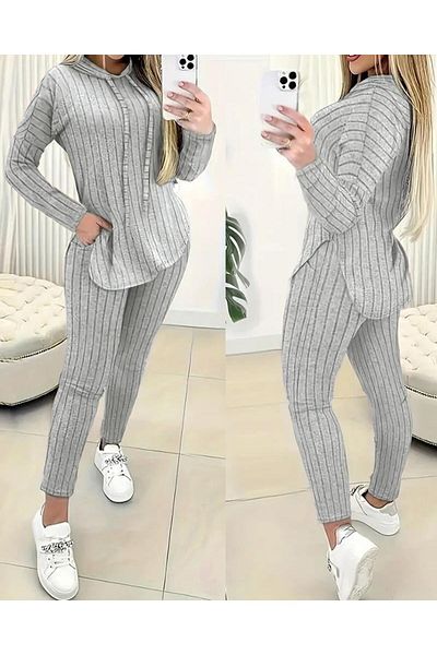 Modayakamoz Long Sleeve Hooded Collar Blouse and Bottoming Leggings - Side Slit, Raster K