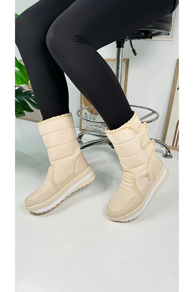 Nstil Γυναικείες μπότες χιονιού μπεζ - Casual, γούνινη εσωτερική επιφάνεια, αντιολισθητική σόλα Velcro, Μοντέλο 802