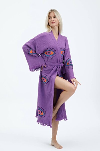 MONO %100 pamuk tasarım nazar göz baskılı müslin kimono bornoz sabahlık