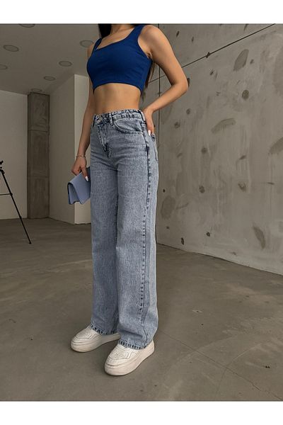 BİKELİFE Hellblaue Snow-Wash-Jeans für Damen mit hoher Taille, dehnbarem Lycra und weitem Bein