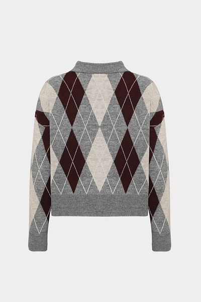 Açelya Okcu Premium Polo Neck Diamond Pattern Wool Women's Knitwear Sweater