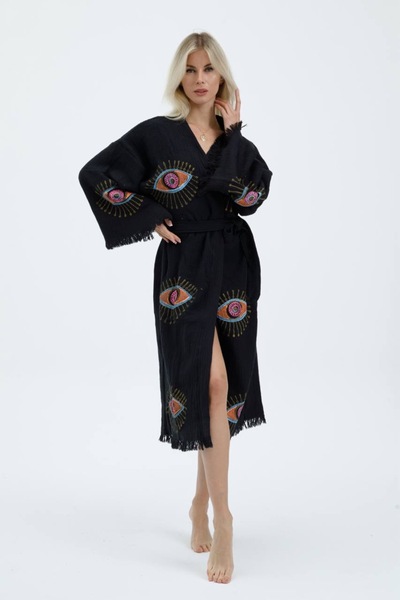 MONO 100% Cotton Design Evil Eye Printed Muslin Kimono Bathrobe Robe