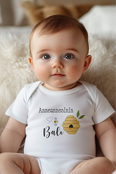 Astral Baby Unisex Bebek Ekru Anneanesinin Balı Yazılı Kısa Kol Organik Body