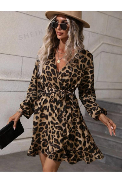 Modayakamoz Rochie elegantă cu mânecă lungă, cu mânecă lungă, cu imprimeu leopard, sezon nou