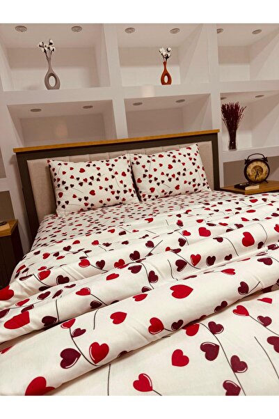 Bykutlay Home Collection Çift Kişilik Nevresim Takımı Ottoman Serisi Kırmızı Kalp Desenli Lastikli Çarşaflı