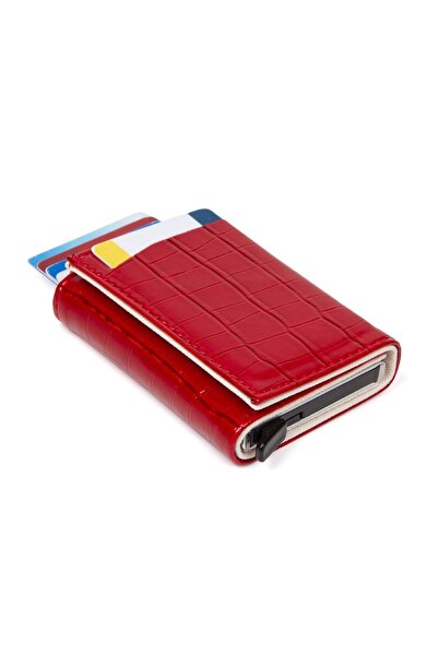 Newish Women's Crocodile Leather Aluminum Mechanism Sliding Card Holder Wallet, Automatic Wallet Rfid Blocking