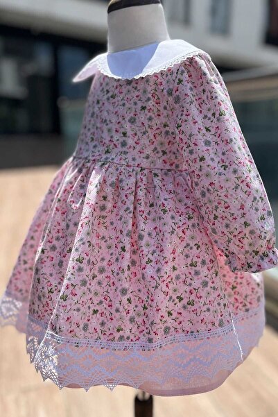 Bertuğ Bebek Bebe Yaka Dantel Detaylı Çiçekli Pembe Kız Çocuk Bebek Elbise