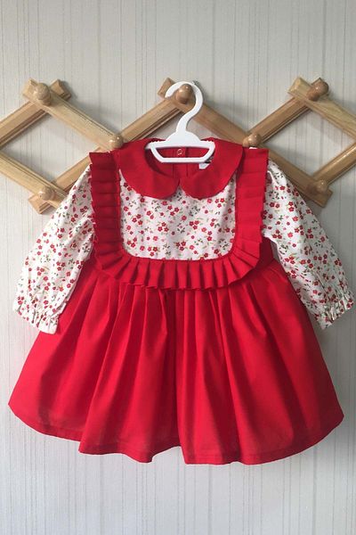 Bertuğ Bebek Baby Collar Pleated Flower Patterned Red Baby Girl Dress