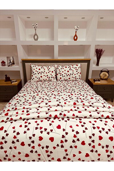 Bykutlay Home Collection Çift Kişilik Nevresim Takımı Ottoman Serisi Kırmızı Kalp Desenli Lastikli Çarşaflı