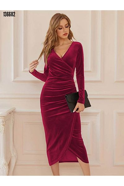 Kokosh moda ~Special de Anul Nou~ Rochie roșie pentru femei, din țesătură din catifea, cu mâneci lungi, cu guler dublu