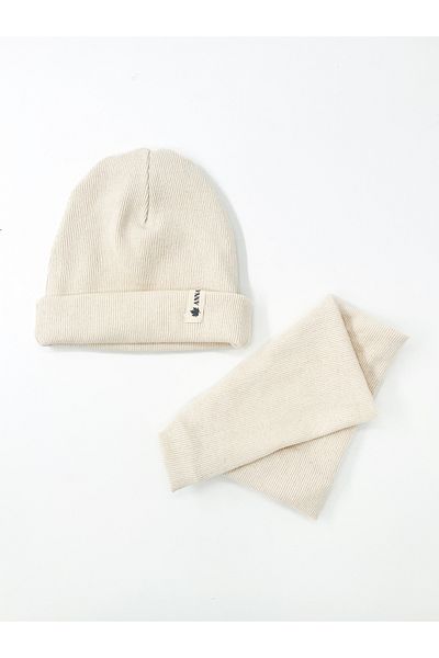 anna sofie Unisex Ecru (1-5 Years) Ribbed 100% Cotton Beanie Neck Collar Set