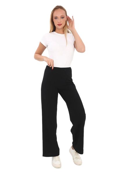 lodmela Elastic Waist Lycra Palazzo Trousers 6004-Black