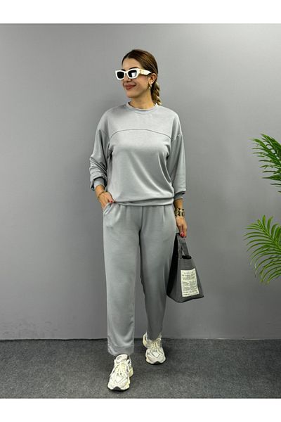 Moka Shopin Mokashopin Women's Long Sleeve Crew Neck Viscose Two Thread Blouse and Pants Double Set