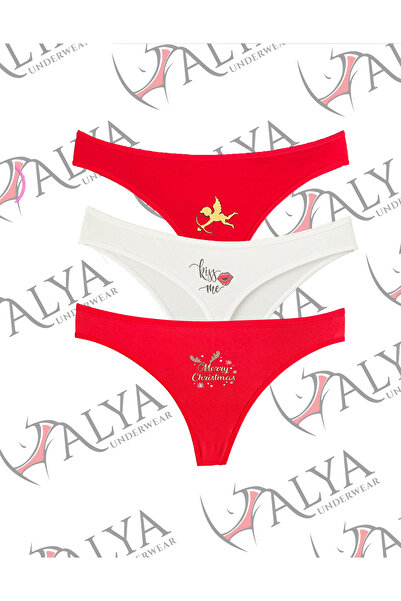 ALYA UNDERWEAR Pamuklu Kadın String , Kırmızı Baskılı Tanga Külot 3'lü Paket