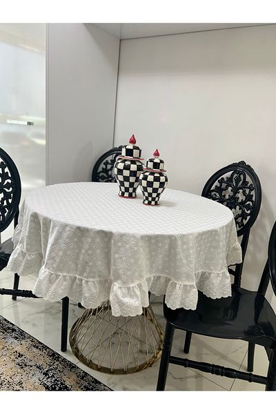 eyma home Tablecloth with Round Scallop Ruffles (140 cm Diameter)