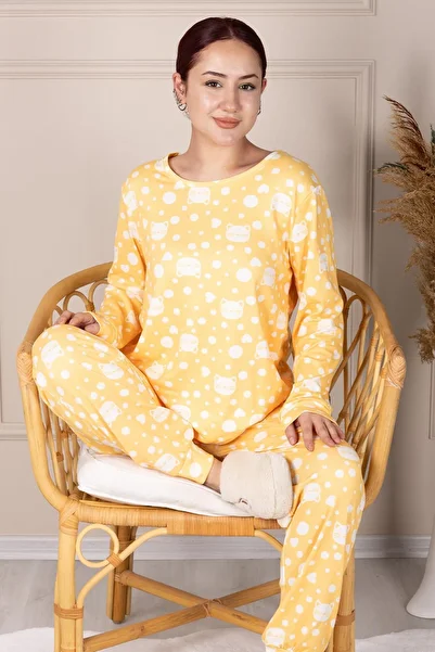 Niket Life Yellow Viscose Pajama Set - Polka Dot Print, Long Sleeve