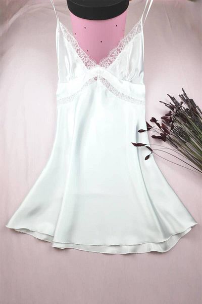Miss Merveille Silk Satin Women's Nightgown - White Lace Detail 8005Ms