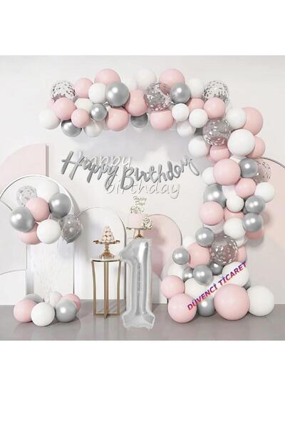 TATLI GÜNLER 1 Yaş Gümüş Pembe Beyaz Konfetili Balon Doğum Günü Seti 1*2*3*4*...