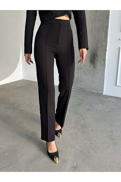 NFTY New Season Black High Waist Ribbed Stitched Gathering Palazzo Women's Trousers