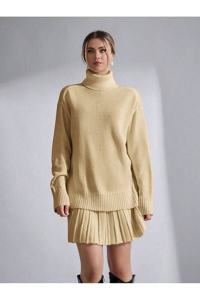 Puella Women's Beige Pleated Skirt - Turtleneck Oversize Sweater Set