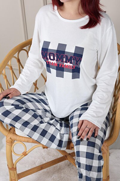 Niket Life White Long Sleeve Checked Mummy Pijama Set