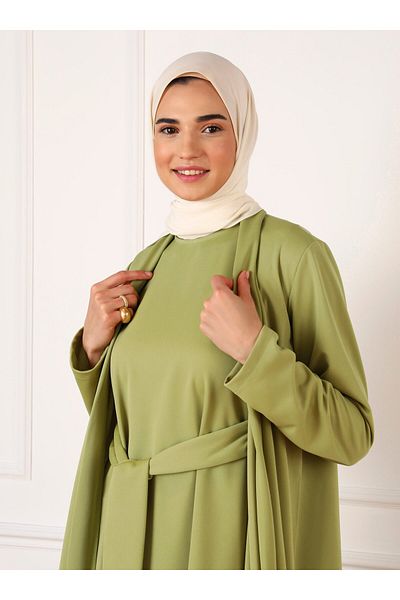 Refka Belt Detailed Dress & Ferace Double Set - Oil Green -
