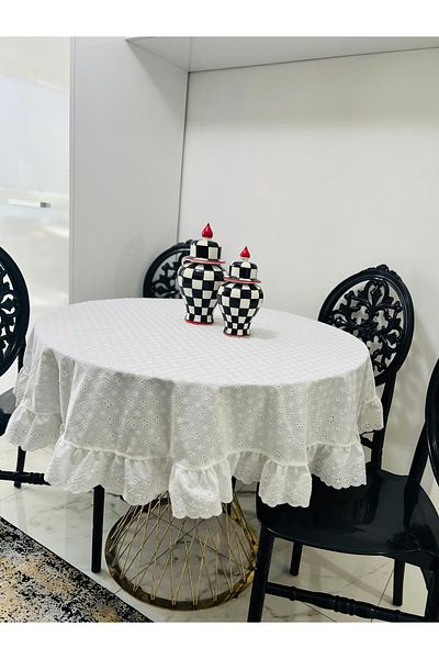 eyma home Tablecloth with Round Scallop Ruffles (140 cm Diameter)
