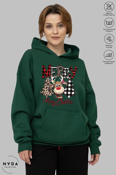 Nyda Collections Unisex Πρωτοχρονιάτικο ελάφι Καλά Χριστούγεννα με στάμπα Oversize φούτερ με κουκούλα