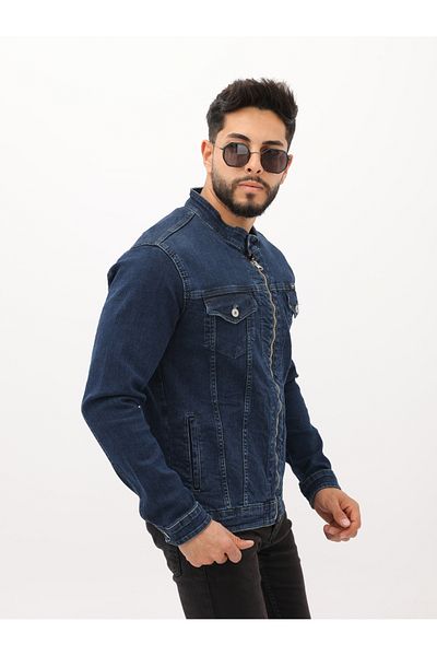 WKM Jachetă de blugi casual pentru bărbați, cu fermoar dublu, albastru bleumarin