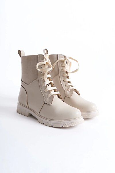 EFW Bellance Kadın Lastikli Postal Bot Tırtıklı Taban Bağcıklı Bej